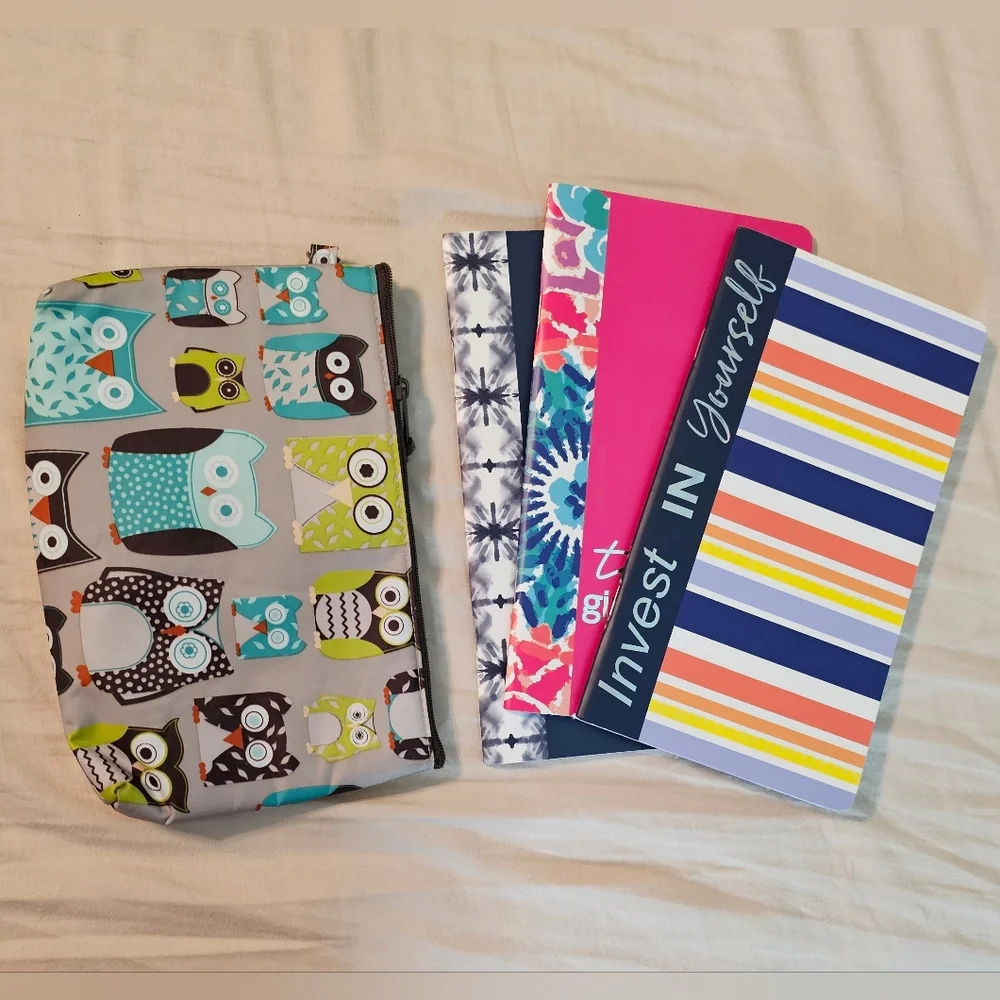 Thirty-One Owl Print Thermal Insulated Pouch & Three Colorful Notebooks NWOT - Picture 2 of 9